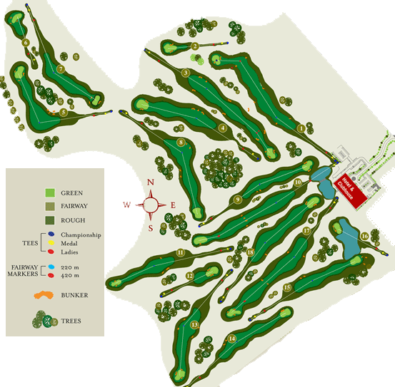 Illustrated layout of the 18 holes at Cregmore Park Golf Club, with tee, fairway, green and bunker locations.